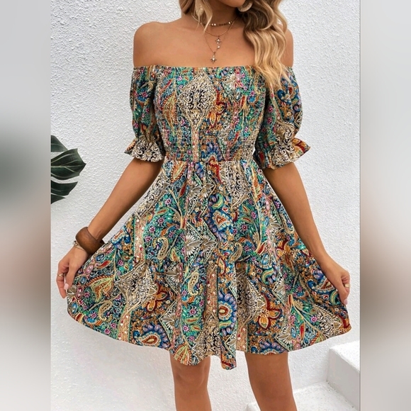 New Chic Boho Paisley Floral Off Shoulder Mini Dress Ruffle Smocked Blue Tan - Picture 4 of 8